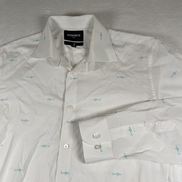 Bonobos Other - Bonobos Shirt Mens 16 34 White Shark‎ Print Stretch Slim Fit Long Sleeve Dress